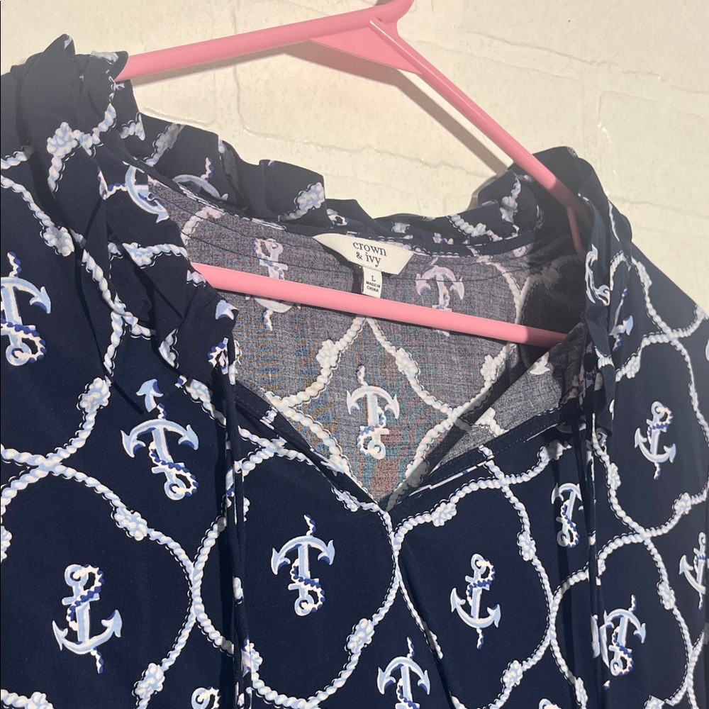Crown & Ivy Navy Blue Long Sleeve Blouse Work Shirt Cotton Anchors Large - Picture 3 of 5